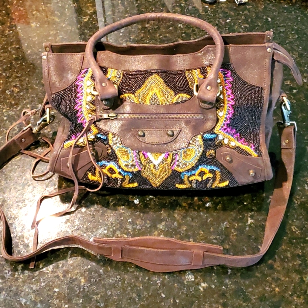 OOAK vintage style unique beaded leather satchel convertible bag... gorgeous